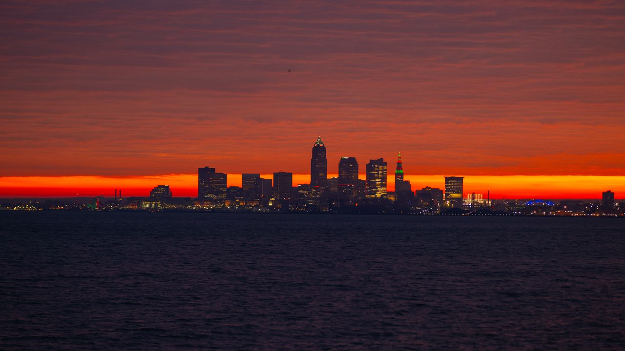 Wallpaper city, sea, sunrise, dark