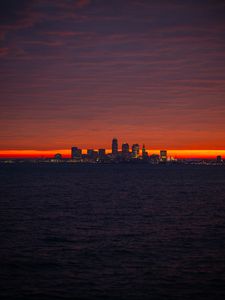 Preview wallpaper city, sea, sunrise, dark