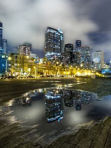Preview wallpaper city, seattle, usa, morning, gray sky, lights, pool, reflection, boards, hdr