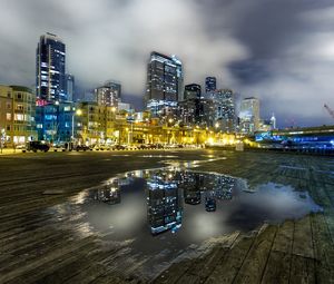 Preview wallpaper city, seattle, usa, morning, gray sky, lights, pool, reflection, boards, hdr