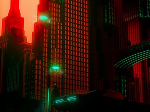 Preview wallpaper city, silhouette, car, buildings, light, bright