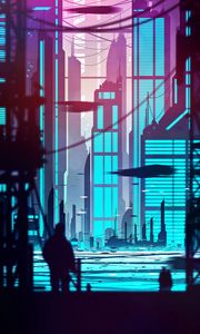 Preview wallpaper city, silhouette, cyberpunk, art, buildings, outlines