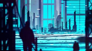 Preview wallpaper city, silhouette, cyberpunk, art, buildings, outlines