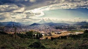 Preview wallpaper city, sky, nature, top view, grass, clouds