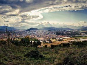 Preview wallpaper city, sky, nature, top view, grass, clouds