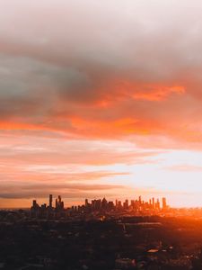 Preview wallpaper city, skyscraper, architecture, sunset, evening