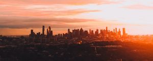 Preview wallpaper city, skyscraper, architecture, sunset, evening