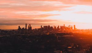 Preview wallpaper city, skyscraper, architecture, sunset, evening