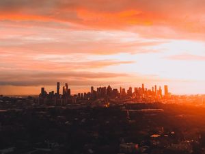 Preview wallpaper city, skyscraper, architecture, sunset, evening