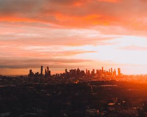 Preview wallpaper city, skyscraper, architecture, sunset, evening
