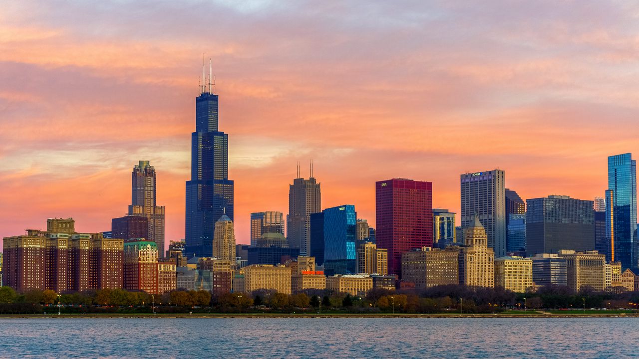 Wallpaper city, skyscraper, buildings, sunset, sky