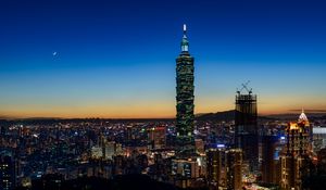 Preview wallpaper city, skyscraper, buildings, aerial view, twilight, dark