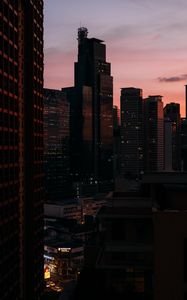 Preview wallpaper city, skyscrapers, aerial view, dusk, evening