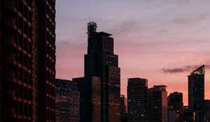 Preview wallpaper city, skyscrapers, aerial view, dusk, evening