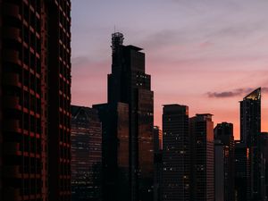 Preview wallpaper city, skyscrapers, aerial view, dusk, evening