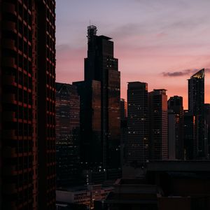 Preview wallpaper city, skyscrapers, aerial view, dusk, evening