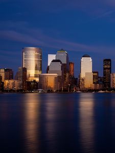 Preview wallpaper city, skyscrapers, architecture, buildings, sea, reflection