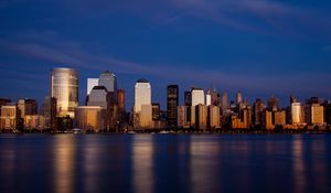 Preview wallpaper city, skyscrapers, architecture, buildings, sea, reflection