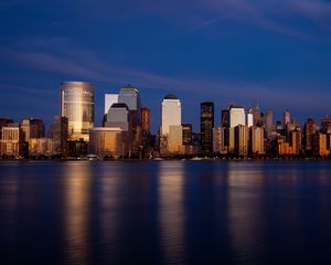 Preview wallpaper city, skyscrapers, architecture, buildings, sea, reflection