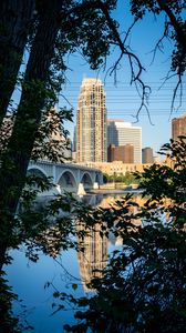 Preview wallpaper city, skyscrapers, bridge, river, reflection, trees, architecture