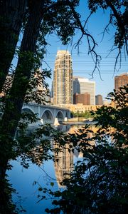 Preview wallpaper city, skyscrapers, bridge, river, reflection, trees, architecture