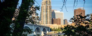 Preview wallpaper city, skyscrapers, bridge, river, reflection, trees, architecture