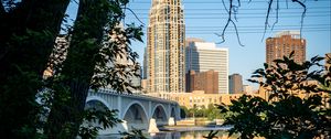 Preview wallpaper city, skyscrapers, bridge, river, reflection, trees, architecture