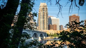 Preview wallpaper city, skyscrapers, bridge, river, reflection, trees, architecture