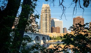 Preview wallpaper city, skyscrapers, bridge, river, reflection, trees, architecture
