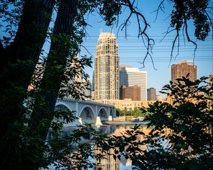 Preview wallpaper city, skyscrapers, bridge, river, reflection, trees, architecture