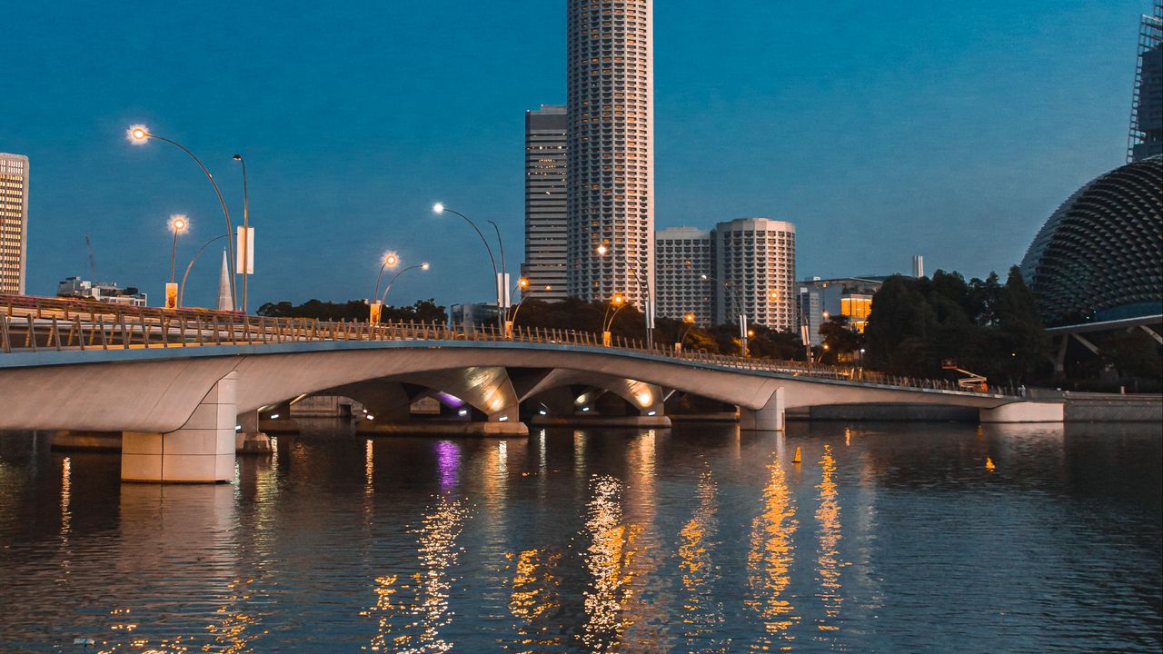 Wallpaper city, skyscrapers, bridge, water, lights, twilight