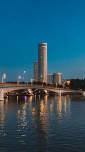 Preview wallpaper city, skyscrapers, bridge, water, lights, twilight