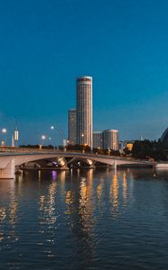 Preview wallpaper city, skyscrapers, bridge, water, lights, twilight