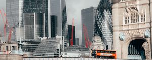 Preview wallpaper city, skyscrapers, bridge, water, bus, london