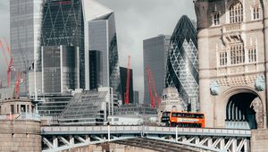 Preview wallpaper city, skyscrapers, bridge, water, bus, london