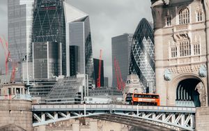Preview wallpaper city, skyscrapers, bridge, water, bus, london
