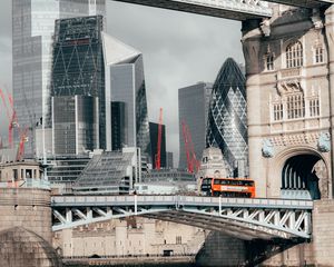 Preview wallpaper city, skyscrapers, bridge, water, bus, london