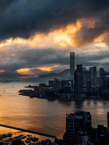 Preview wallpaper city, skyscrapers, coast, port, sunset