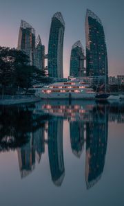 Preview wallpaper city, skyscrapers, pier, boat, lake