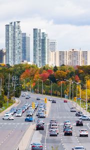 Preview wallpaper city, skyscrapers, road, cars, architecture, trees