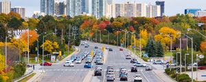 Preview wallpaper city, skyscrapers, road, cars, architecture, trees