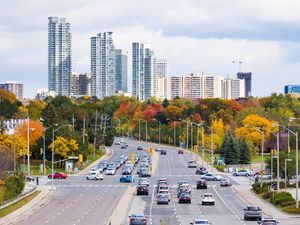 Preview wallpaper city, skyscrapers, road, cars, architecture, trees