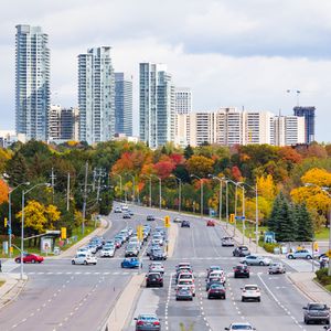 Preview wallpaper city, skyscrapers, road, cars, architecture, trees