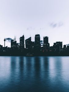 Preview wallpaper city, skyscrapers, shore, evening