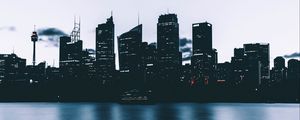Preview wallpaper city, skyscrapers, shore, evening