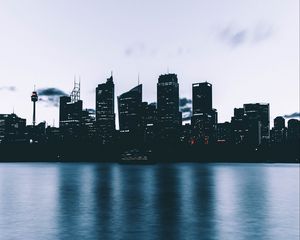 Preview wallpaper city, skyscrapers, shore, evening