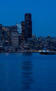 Preview wallpaper city, skyscrapers, water, dusk, evening, dark