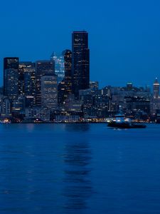 Preview wallpaper city, skyscrapers, water, dusk, evening, dark