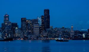 Preview wallpaper city, skyscrapers, water, dusk, evening, dark