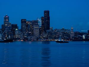 Preview wallpaper city, skyscrapers, water, dusk, evening, dark